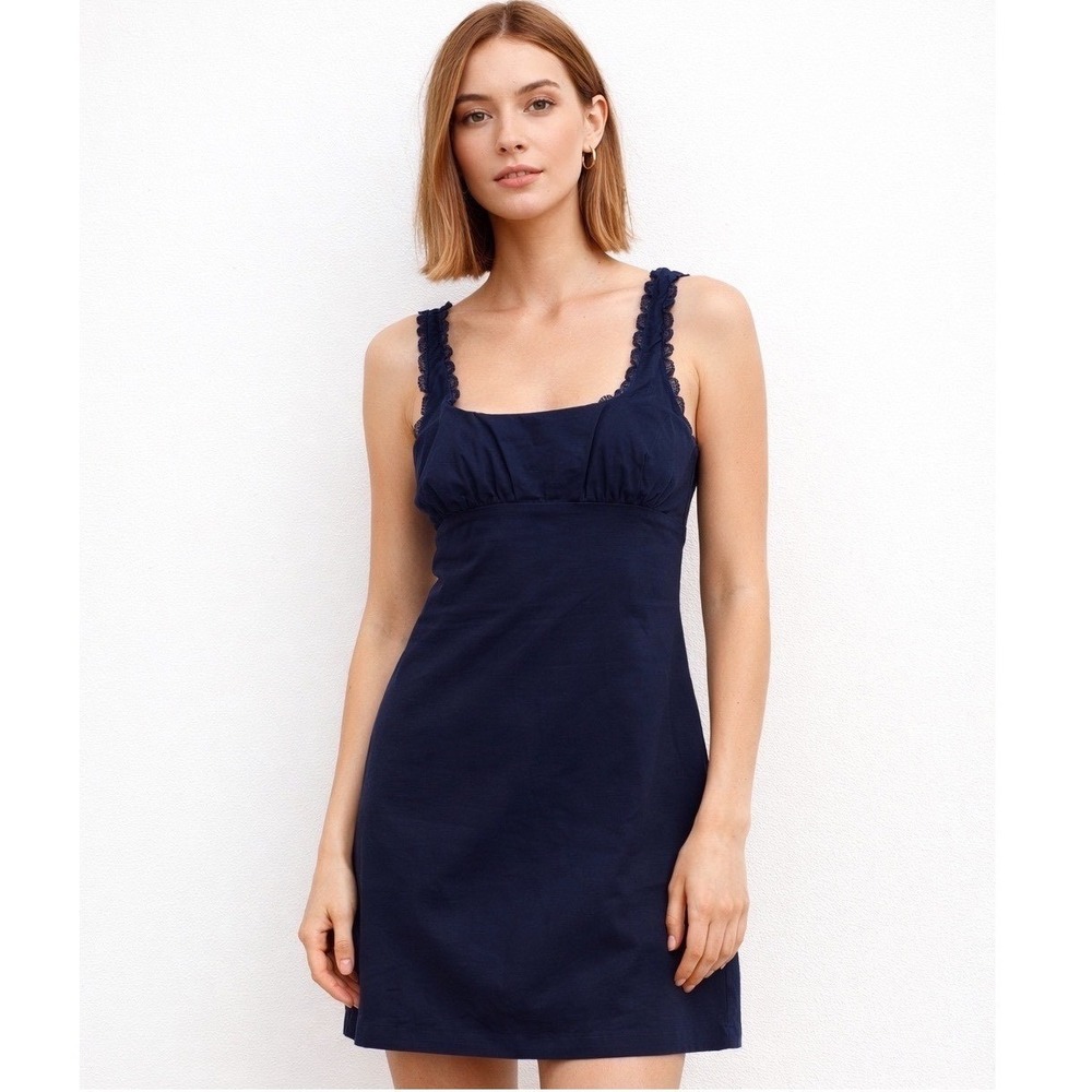 THE WORKSHOP Navy Blue Lace Trim Square Neck Mini Dress Size Large NWT